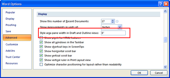 Figure 3: Setting the initial width of the style area