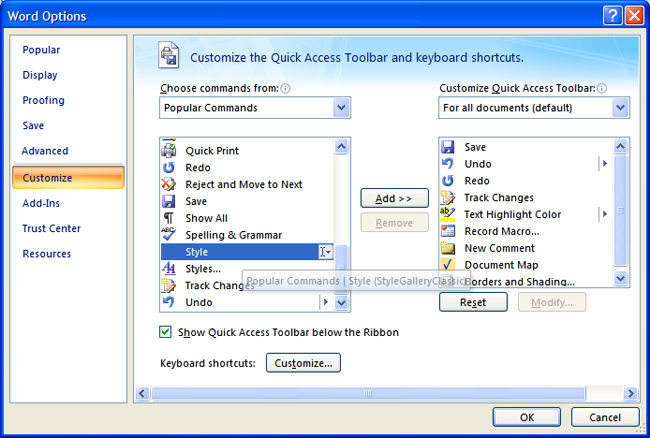 Figure 6: Adding the Style dropdown list to the Quick Access toolbar