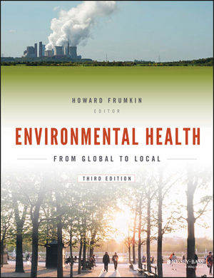 The cover of Environmental Health. The top of the cover has a city with smoke blowing out of buildings, and the bottom has trees.