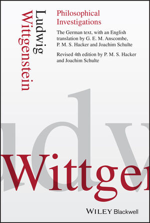 The cover of "Philosophical Investigations," 4th edition, by Ludwig Wittgenstein. The cover is essentially a bunch of text in different font sizes.